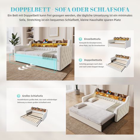 Canapé convertible 90x190 cm, clic-clac en velours beige avec accoudoirs, tête de lit bois et rangement, éclairage LED, ports USB-C, sommier lattes, banquette d'appoint pour invités et salon (1/5)