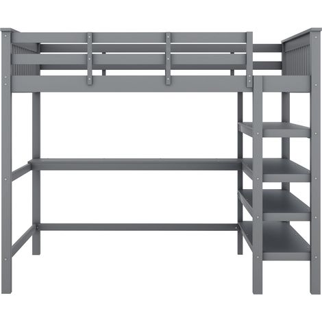 Letto a soppalco 140 x 200 cm grigio con scrivania e ripiani in pino e MDF, senza materasso (1/5)