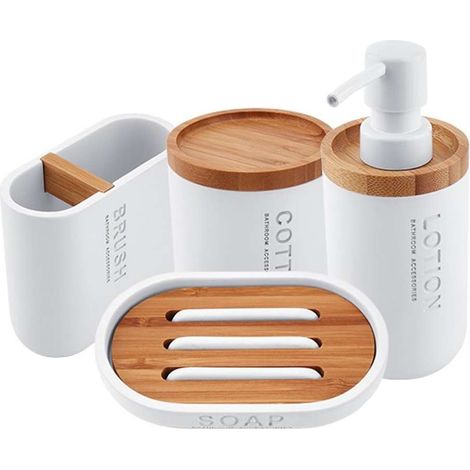 Nimco Kora - Badaccessoires-Set 4 in 1, Weiß/Bambus KO 24000SET-05