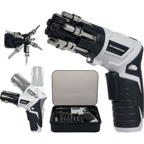 3.6V cordless screwdriver, 6 interchangeable bits, 1300mAh rechargeable battery, 180° rotating body, LED light, one-click reversible switch, 19 bits included.