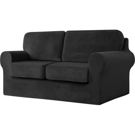 Housse de canapé avec coussins d'assise et de dossier individuels, housse de canapé extensible en velours, housse de canapé séparée (noir, grand canapé double, ensemble 5 pièces) (1/5)