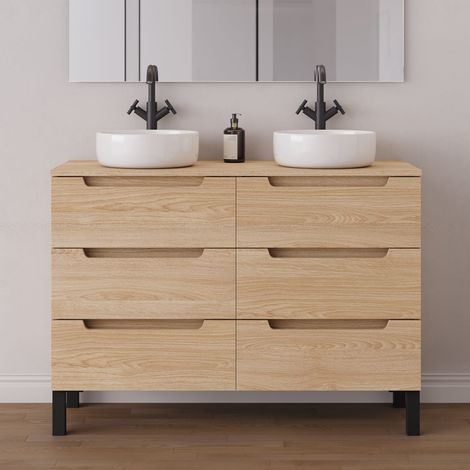 Meuble de salle de bain 120cm avec plateau et 2 vasques à poser rondes - 6 tiroirs - sans miroir - roble era (chêne clair) - RIZA (1/5)