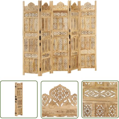 The Living Store Cloison de séparation 5 panneaux 200x165 cm Bois de manguier - Cloison De Séparation - Paravent - Écran D'intimité - Décoration Murale - Meuble Pliable (1/5)