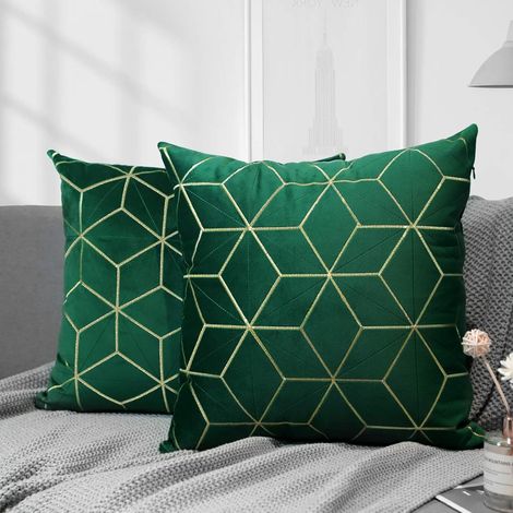 MINKUROW Fodera Per Cuscino In Velluto, 2 Pezzi Federa Quadrata Con Motivo Geometrico Ricamato In Oro, Fodera Per Cuscino Morbida Per Divano Del Soggiorno Auto, 45 X 45 Cm - Verde Scuro (1/5)