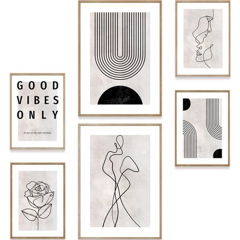 Lot de 6 posters Line Art - Modernes - Beige et noir (2 × A3, 4 × A4) - Images abstraites pour salon, chambre à coucher, bureau, couloir - Décoration murale élégante sans cadre (1/5)