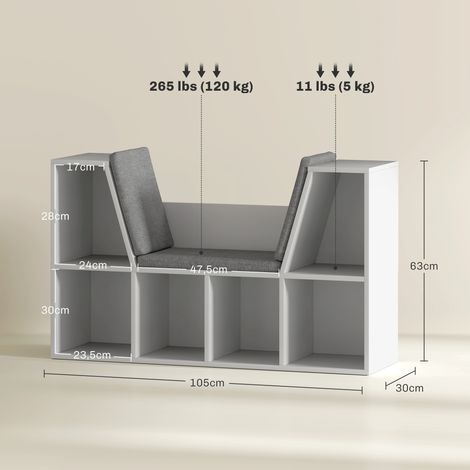Bibliothèque blanche avec coussin, étagère à 6 casiers, revêtement lin, meuble de rangement compact pour séjour ou chambre, 105 x 30 x 63 cm (1/5)