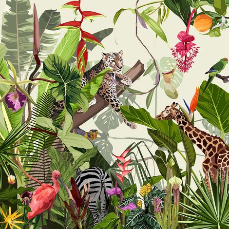 Papier peint panoramique Enfants - Animaux de la Jungle - 130 cm x 130 cm (1/2)