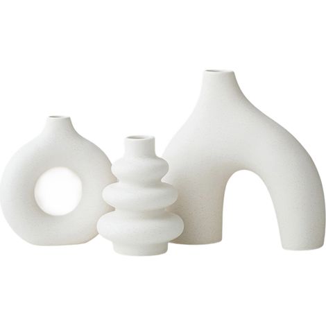 Vase Céramique - Blanc - Rond - Lot de 3 - Pour Décoration Intérieure Salon Chambre Table Basse - 12 cm 15 cm 18 cm (1/5)