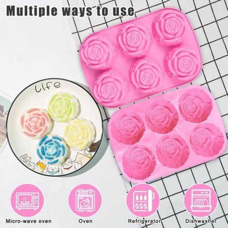 Moule en silicone pour gâteau, gelée, pudding, chocolat, 6 cavités, motif fleur de rose, lot de 2, rose Étiquette (1/5)