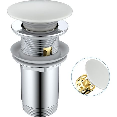 Bonde de Lavabo Blanc Céramique avec/sans Trop-Plein, Bonde Clic Clac avec Panier Filtrant, Bouchon Vidage Pop-Up de Lavabo for Salle de Bain, Universel G 1 1/4 (1/5)