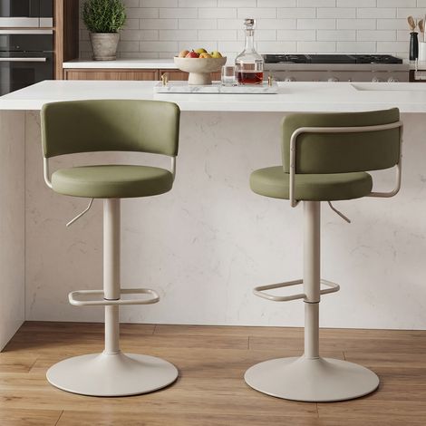 Wahson Lot de 2 Tabourets de Bar en Simili Cuir, Réglables en Hauteur, Chaise de Bar avec Repose-Pieds, Tabourets Bar Pivotants Modernes pour îlot de Cuisine, Vert Sauge (1/5)