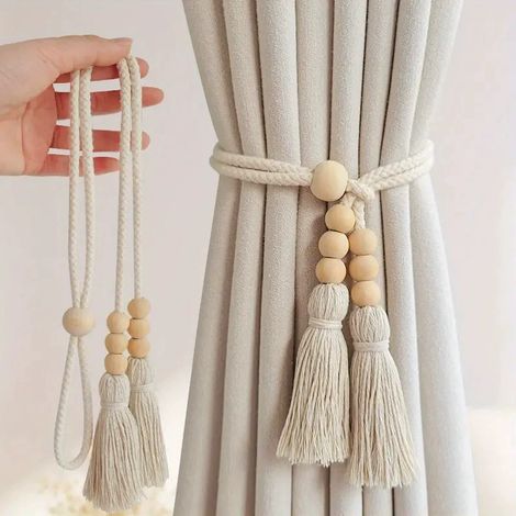 Supports de rideaux en corde avec pompons, double corde en coton pour rideaux en bois, beige, lot de 2 (1/4)