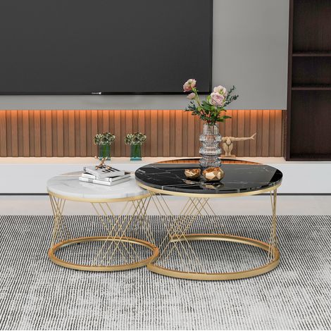 Set di 2 tavolini da caffè 70x70x45 cm e 45x45x40 cm nero e bianco in MDF con effetto marmo impilabili (1/5)