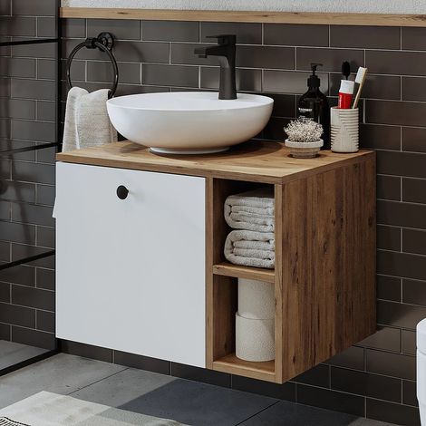 Lotus Vanity Unit 65 cm with Over Counter Wash Basin / Bowl, Oak Effect and White (1/5)