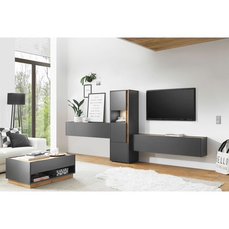 Wohnwand Set im modernen Design CRISP-61 in anthrazit mit Absetzungen in Wotan Eiche Nb., B/H/T: ca. 350/155/40 cm