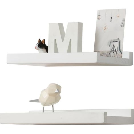 Lot de 2 étagères flottantes en bois de chêne massif avec rebord, étagère murale décorative pour salon, cuisine, chambre à coucher, couloir, blanc, 30 cm (1/5)