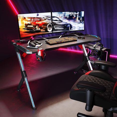 SIRHONA Bureau Gaming de Jeu avec Lumières RGB 8 modules avec Porte-gobelet, Câble Rangement et Crochet pour Casque Table de Gaming Noir 120x60x75cm (1/5)