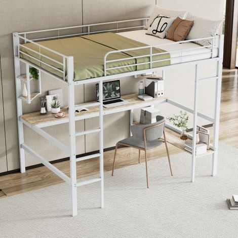 Cadre de lit en métal — Lit en fer avec bureau intégré — Lit mezzanine doté de quatre petites étagères et d'une grande bibliothèque — Adapté aux enfants, aux adolescents et aux adultes