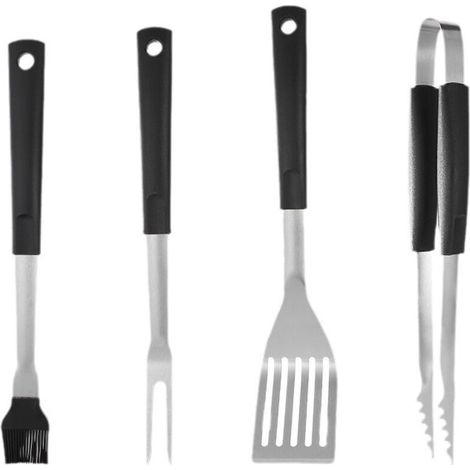 Set 4 ustensiles de barbecue pince fourchette spatule pinceau sac BBQ acier inox (1/5)