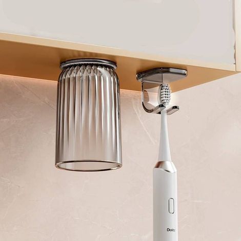 Portacepillos de pared para baño e inodoro. Portacepillos sin perforación. Vaso para enjuague bucal y portacepillos (gris claro).