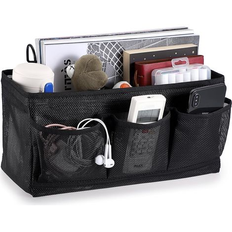 Hängender Nachttisch-Organizer mit 4 Taschen, Aufbewahrungstasche aus Netzgewebe, Bettkorb und Haken für Handtuch, Handy, Stifte, Fernbedienung (schwarz) (1/5)
