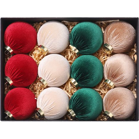 Set mit 12 samtenen Weihnachtskugeln, 8 cm (3,1 Zoll), zum Aufhängen am Weihnachtsbaum, ideal für Partys, Geburtstage und Hochzeiten. Farben: Rot, Grün und Gold. (1/2)