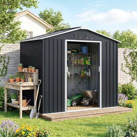 Caseta de jardín metálica de 2,77 m², cabaña de jardín de 213 x 130 x 185 cm con base, puerta corredera, gris oscuro.