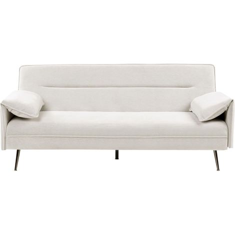 Canapé-lit en Tissu Hydrofuge 3 Places avec Accoudoirs Réglables Fonction Couchage Clic-Clac Pieds en Bois Blanc Cassé Vayla