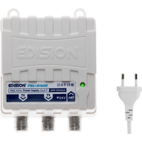 PSU-2402 Alimentation pour Amplificateur de mât Antenne TV TNT, avec connecteur F, DC 24V 200mA, Bande passante 5-862Mhz, 1 entrée, 2 Sorties (1/5)