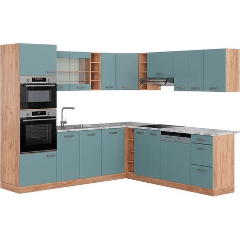 Cocina esquinera R-Line, Roble azul-gris-dorado, 237 x 247 cm , ET Mármol, Vicco