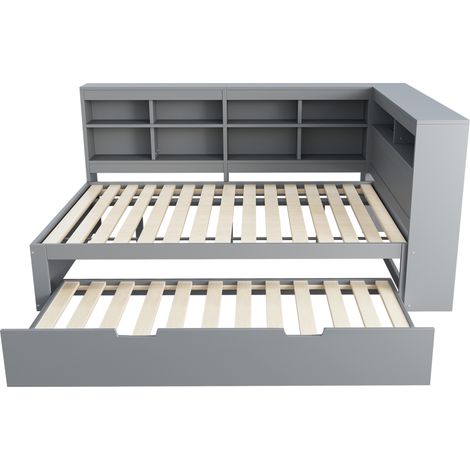 Letto multifunzione grigio in legno con letto estraibile 90 x 190 cm, prese USB e vani integrati (1/5)