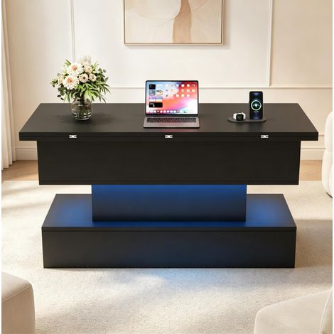 Table basse relevable 100 x 50 x 51,5 cm avec prise, USB-C, USB et LED noir DESVIAE (1/5)