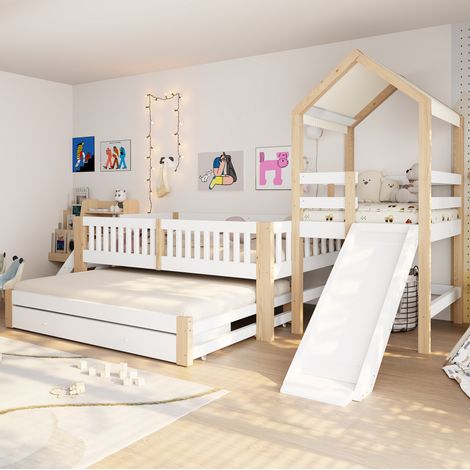 Cama infantil (307x155.3x173.7 cm), con tobogán, escalera lateral, cama nido, cajones, madera maciza, blanco y natural (1/5)