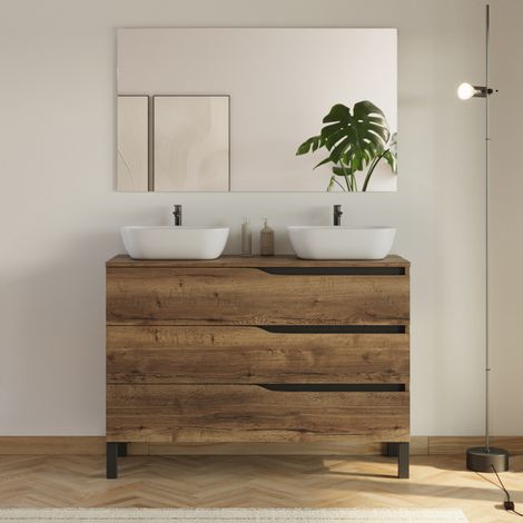 Meuble de salle de bain 120cm avec plateau et 2 vasques à poser Zeus - 3 tiroirs - tabaco (chêne foncé) - MATA (1/5)