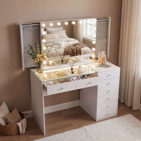 FENCHILIN Coiffeuse avec éclairage LED, luminosité réglable, 8 tiroirs, 120 x 81 x 55 cm,miroir de courtoisie inclus, blanc