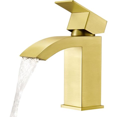 Robinet Lavabo Cascade,Mitigeur Salle de Bain avec Bonde de Lavabo Pop-up, Moderne Mitigeur Lavabo Cascade, Robinet Salle de Bain avec Bec Grand, Doré Brossé (1/5)