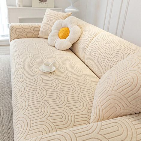 JSSEVN - Sofa cover with armrests, stretch sofa cover, thick jacquard velvet universal sofa protector, covers (Color: Beige, Size: 3 Seater) (1/5)
