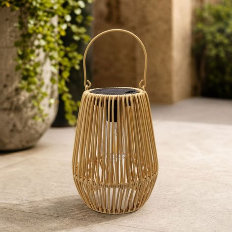 Lanterne Solaire Rotin Artificiel, Design Vintage avec Ampoule Edison, Étanche IP44 pour Jardin et Terrasse, 29.5cm, Lumière Chaude (1/4)
