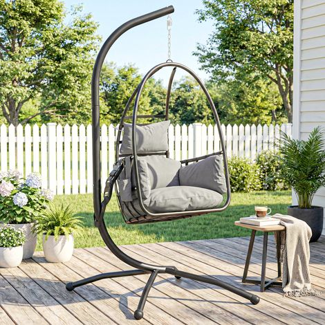Silla Colgante Huevo con Soporte Cesta Plegable Reposacabezas Cojín Bolsillo Lateral Carga 120 kg Gris Oscuro (1/5)