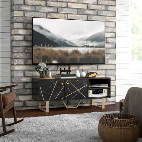 Meuble TV banc TV meuble pour télévision jusqu'à 50 pouces avec placard. étagère réglable et passe-câbles . noir