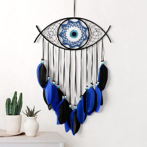 Attrape-rêves œil maléfique tissé main, plume blanche, suspension murale décoration maison, porte-bonheur cadeau, bleu/noir (1/5)