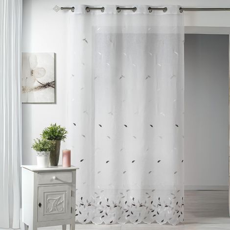 Voilage brodé feuilles avec bas festonné Beige 140x240 cm
