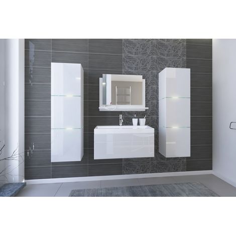 Badezimmermöbel-Set in Weiß, Kollektion OWL. 2 Säulen, Unterschrank, Waschbecken 80cm, Spiegel, Siphon und LEDs.