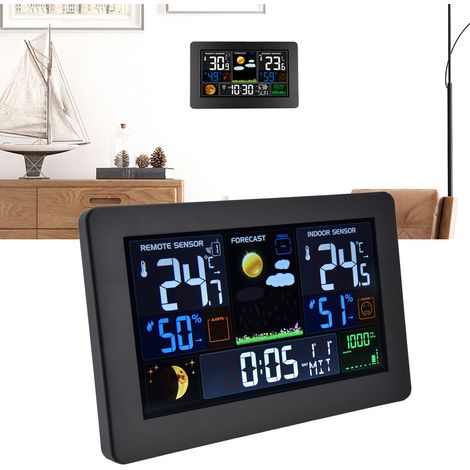 Thermomètre et hygromètre mural intérieur/extérieur grand écran 3378B (100-240 V), station météo radiocommandée, horloge météo couleur multifonction (norme américaine) (1/5)