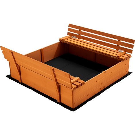 Sandkasten mit Deckel 2 Sitzbänke 98 x 98 x 21 cm, Sandkiste aus Holz mit klappbaren Bänken, Sandkasten mit Abdeckung, Sandbox mit Vliesboden (1/3)