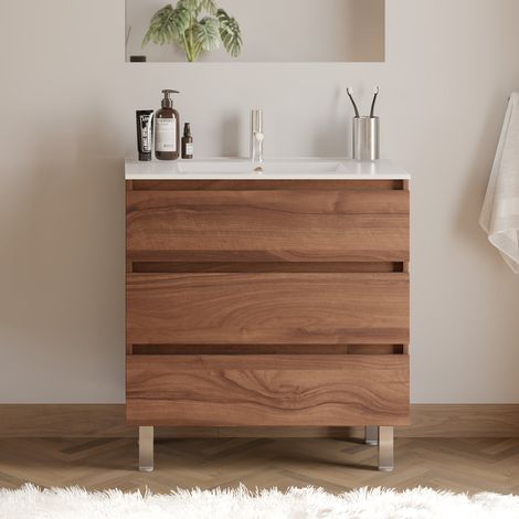 Meuble de salle de bain 70cm simple vasque - sans miroir - 3 tiroirs - noyer (bois foncé) - MAYOR