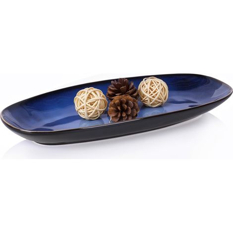 Bol décoratif bleu - Bol ovale en céramique de 28 cm de long, plat décoratif inspiré de l'océan pour clés, bijoux, bonbons ou fruits, plateau décoratif bleu moderne pour table d'entrée, table basse (1/5)
