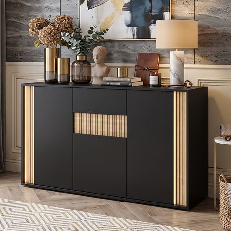 Creahappy Buffet Enfilade 140x40x82 cm avec LED - Grand Espace de Rangement 3 Portes et 1 Tiroir - Style Moderne Noir et Bois Naturel (1/5)