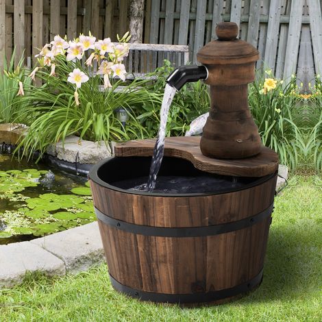 Fontana da giardino in legno con cascata, pompa elettrica e uscita dell'acqua regolabile, dimensioni 27x27x37 cm, colore naturale.