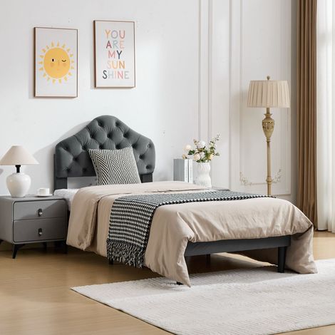 Cama individual tapizada con cabecero ajustable gris OKMYHOME (1/5)